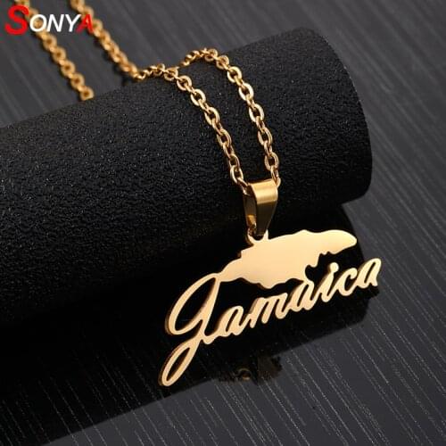 SONYA Stainless Steel Jamaica Map Pendant Necklaces for Women Girls Gold Color Lovers Engagement Jamaican Jewelry Gifts