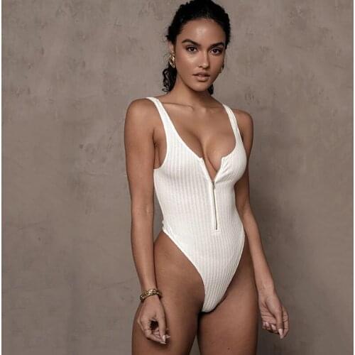 Knitted Zipper Sexy Bodysuit Women Summer V Neck Spaghetti Strap Rompers Jumpsuit Black Elastic Skinny Body Tops Overalls 2020