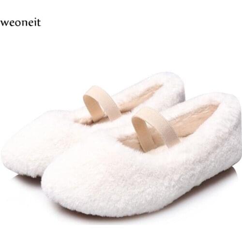 Weoneit Childrens Flats 2020 Autumn and Winter Fashion Rabbit Fur Shoes Pink White Princess Girls Shoes Babys Shoes Peas