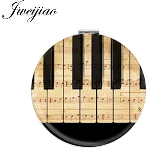 Youhaken Piano Keyboard Musical Staff Round Pocket Mirror White PU Leather Folding Compact Makeup Mirror For Piano Lovers Gifts