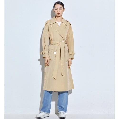 Spring Fall Womens New Fashion Temperament Lapel British Style Long Double-Breasted Trench Coat With Belt s887