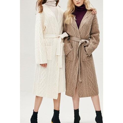 Cashmere wool blend twisted thick knit women mid-long sashes cardigan sweater coat H-straight one size retail wholesale