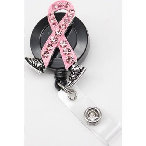 10pcs/lot pink colour crystal walking ribbon retractable nurse Id badge holder