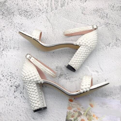 CHS1208 Custom Made Block Heel Women Shoes Crystal Ivory White Pearl Bridal Wedding Shoes