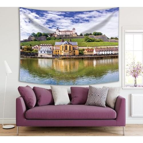 Tapestry Authentic Towns Germany of Wurzburg View with Vineyrds Castle Main River Heritage Blue Green White
