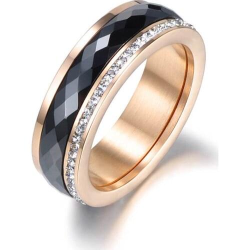 Classic Titanium Steel Black Ceramics Rings Jewelry Gold Color Cubic Zirconia Wedding Engagement Ring For Women R18013