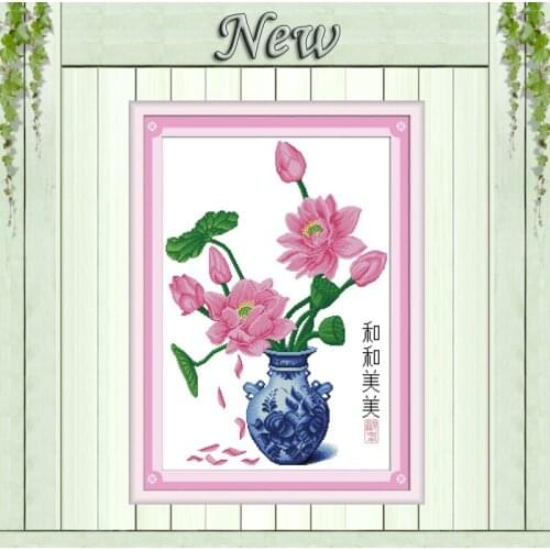 Happy harmonious flower lotus decor paintings counted print on canvas DMC 14CT 11CT Cross Stitch Needlework Sets Embroidery kits