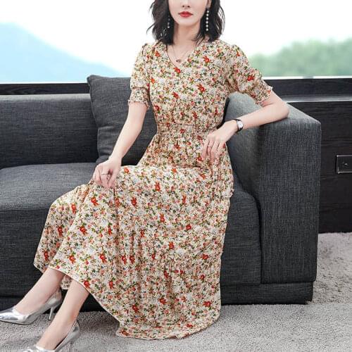 M-4xl Summer Black Beige V-neck Tea-length Chiffon Floral Print A-line Folds Mesh With Belt Plus Size Robes De Cocktail 4740