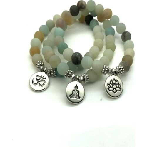 Fashion Women`s bracelet Matte Frosted Amazonite beads with Lotus OM Buddha Charm Yoga Bracelet 108 mala necklace drop shipping