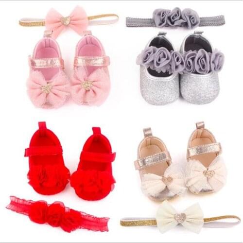 New Baby Shoes Headband Soft Sole Antislip Infant First Walkers Newborn Girls Princess Shoes With Hairband