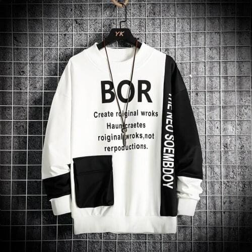 New Printed Sweatshirt Men 2021 High Street Hoodie Mens Fashion Patchwork Sweatshirts with Pocket Mens O-Neck Casual Tops