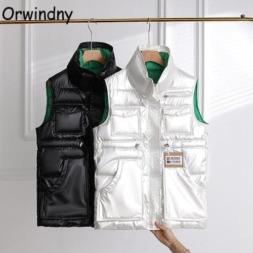 Orwindny Waterprof Winter Warm Vest Jacket Women Mandarin Collar Glossy Fashion Waistcoat Drawstring Slim Coat Sleeveless Lady