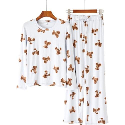 Women Cartoon Pajamas Set Casual Sleepwear Modal 2PCS Long Sleeve Long Pants Soft Homewear Intimate Lingerie Cute Nightwear