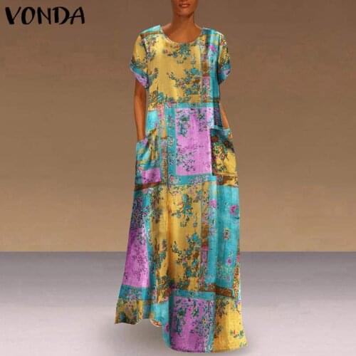 Vintage Printed Holiday Dress WomenSundress Short Sleeve Casual Loose Long Maxi Dress VONDA Plus Size Vestidos Robe Femme