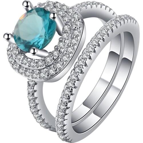 Seanlov New Arrival Rings 2pc Silver Color Jewelry Wedding Ring Sets For Women Luxury Blue Ca Crystal Rings Drop Shipping