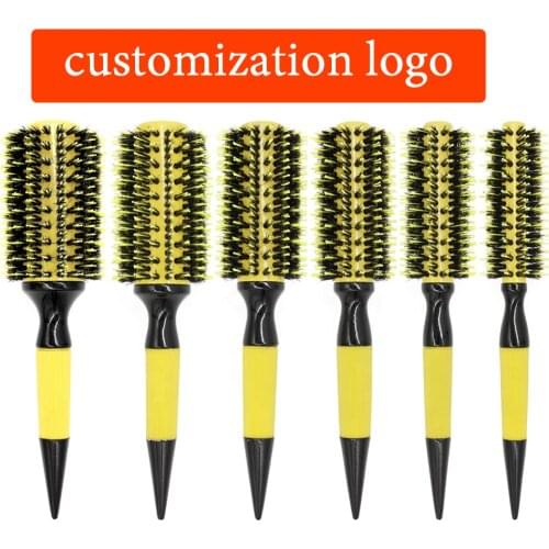 Yellow Ceramic Coating Barrel Ion Hair Brush Boar Bristle Curling Hair Brush 6pcs/set Professional Wooden Round Hair Comb Ceram