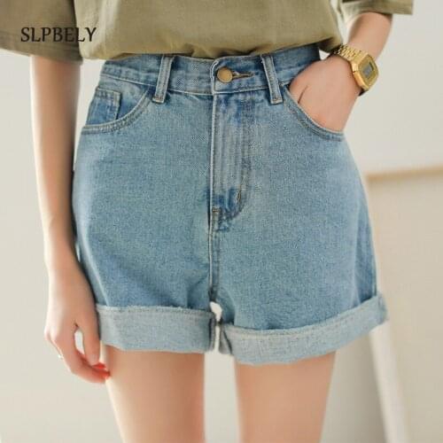 SLPBELY Women Denim Shorts Summer Blue Button Denim High Waist Folded Shorts Fashion Harajuku Denim Pocket Streetwear Jeans New