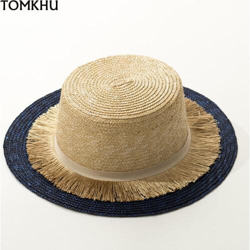 New Summer Natural Navy Blue Patchwork Straw Sun Hat Female Fashion Breathable Beach Sun Hat Casual Flat Boater Hat Lady Chapeau