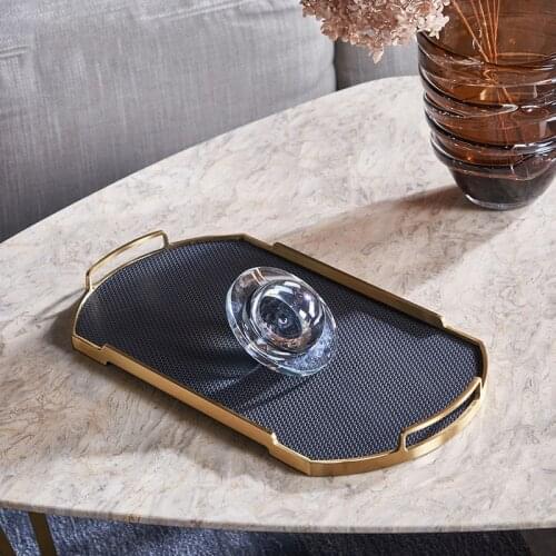 Modern Home Decorative Furnishing Luxury Black Brushed Leather Metal Tray Coffee Desktop Decoration Fruit Tray Storage Ornaments