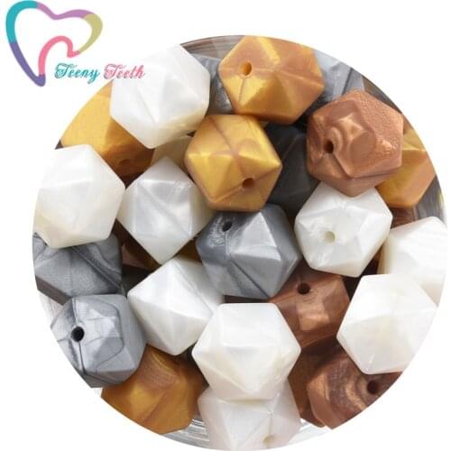Teeny Teeth 50 PCS 14-17 MM Metallic Colors Mix Silicone Geometric Hexagon Beads Teething DIY Nursing Necklace Accessories