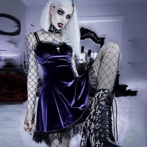 Vintage Purple Dress for Girl Goth Lolita Velvet A-line Fashion Dress Lace High Waist Female Nightclub Dress Streetwear