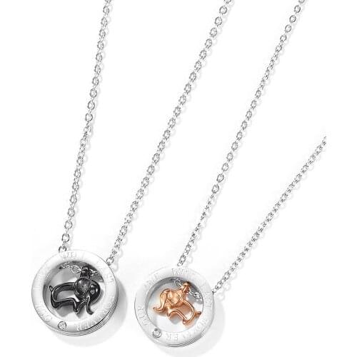 Hollow Out Elephant Cubic Zircon Engraved Cirle Pendant Necklace Plating Stainless Steel For Lovers Jewelry Collier Collares