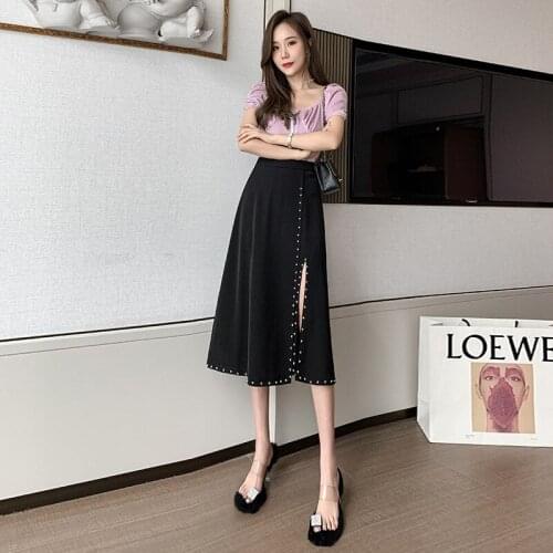 2021 Spring & Summer New Skirts Female Korean Style High Waist Mid-length A-line Skirt Beaded Split Skirt Straight BSQ268