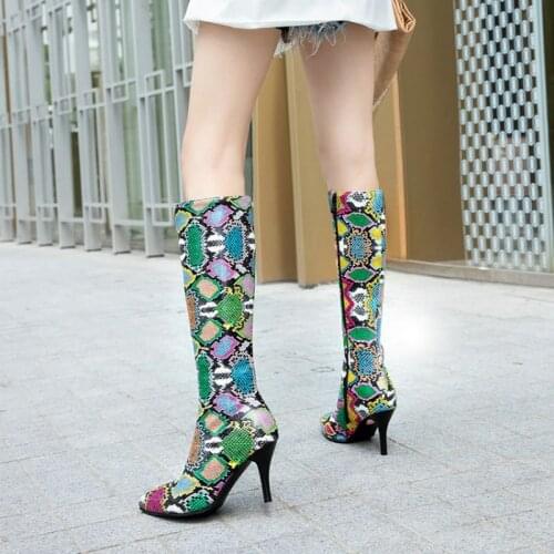 Snakeskin print pu leather womans shoes pointed toe thin high heels zipper knee high heels booties womens winter boots size 48