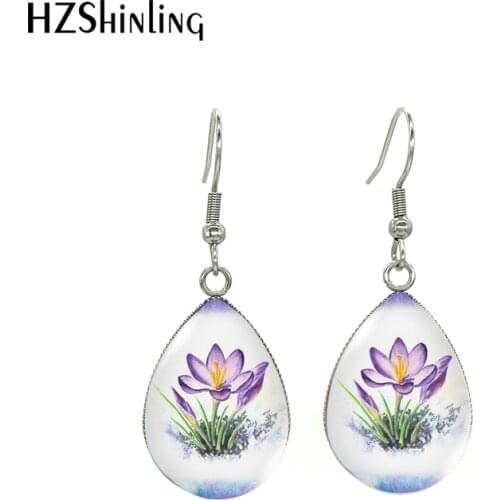 Purple Crocuses Flower Paintings Tear Drop Earrings Stainless Steel Hook Earrings Glass Cabochon Jewelry for Women