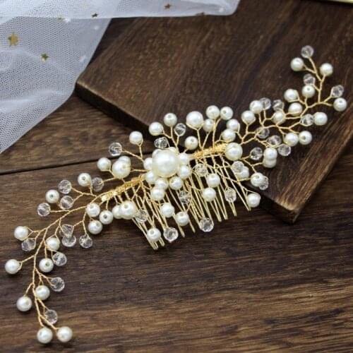 Gold Pearl Crystal Wedding Hair Combs Hair Accessories for Bridal Flower Headpiece Women Bride Hair ornaments Jewelry