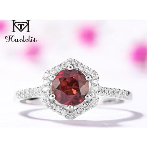Kuololit 925 Sterling Silver Ring Red Stone Natural Garnet Gemstone Rings for Women Wedding Engagement Christmas Gift Jewelry
