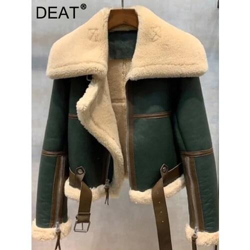 DEAT 2021 Winter Fashion Patchwork Green Spliced Large Lapel Womens Thickened Short Fur One-piece Sheep Shearing Coat 7I1713