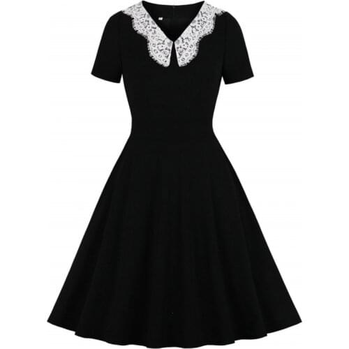 Night Elegant Black Vintage Pin Up 60s 50s Swing Dresses Women Dotted Short Sleeve High Waist Rockabilly Retro Dress 2021