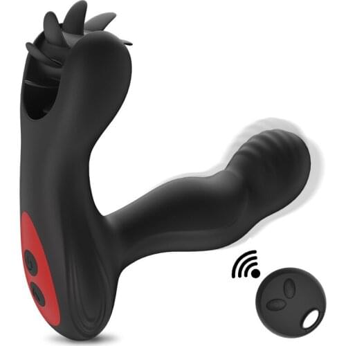 12 Speeds Prostate Massager Wireless Remote Control with Rotating Tongue Licking Clit Double Shock Heating Sex Toys for Adults