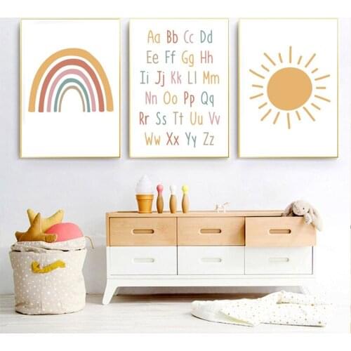 Alphabet posters, wall art canvas, childrens drawings, bedroom decorations, rainbow sun cartoon pictures wall decor
