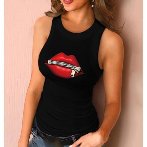 Spring Summer Sleeveless Basic Sport Cami Top Shirt Slim Knit Ribbed Racerback Blouses Lip Zipper Print Black Sexy Tank Tops
