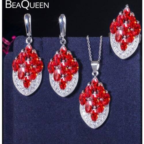 BeaQueen Gorgeous Marquise Cut Ruby Red Garnet Cubic Zircon Pave 925 Sterling Silver Earring Necklace and Ring Jewelry Set JS013