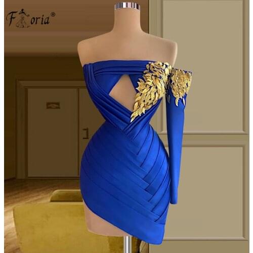 Sparkly Single Long Sleeve One Shoulder Cocktail Dresses Luxury Beaded Navy Blue Sequined African Women Party Prom Dress 2021