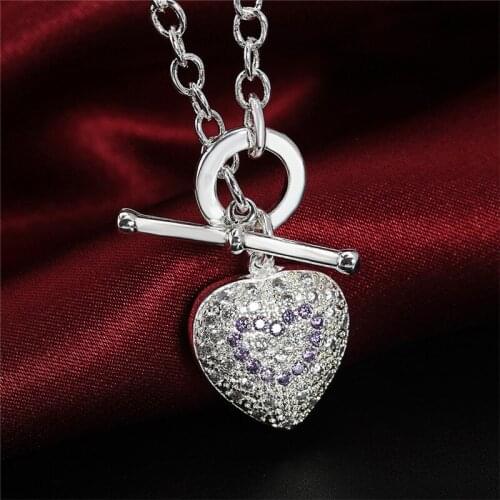 925 Sterling Silver Purple AAA Zircon TO Chain Heart Pendant Necklace For Women Fashion Wedding Charm Jewelry Gifts