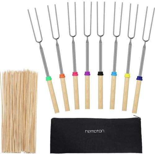 BBQ Tools Stainless Steel Wooden Handle Telescopic U-shaped Roasting Sticks Barbecue Forks Sausage Skewers 8pc/set