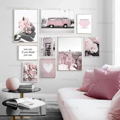 Canvas Painting Pink Flower Bus Telephone Nordic Booth Rock Love Quote Wall Art Posters And Prints Wall Pictures For Living Room