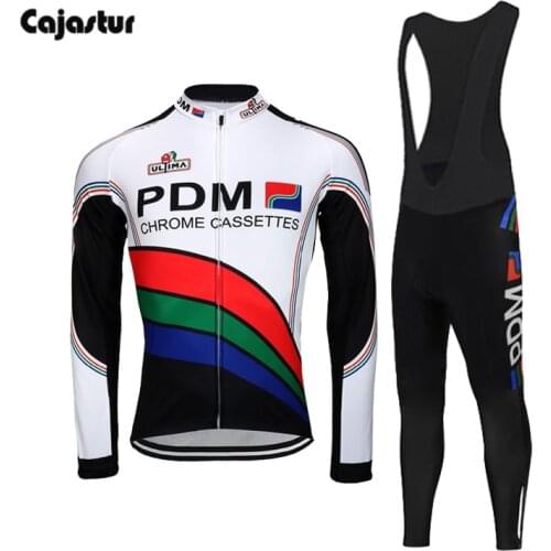 Team PDM Cycling Jersey Men Long Sleeves Set Winter Fleece & No Fleece Retro Black Bib Pants Outdoor Warm Cycling Clothing