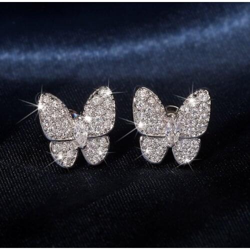 Cute Silver COlor Butterfly Stud Earrings with Bling Zircon Stone for Women Fashion Jewelry Korean Earring