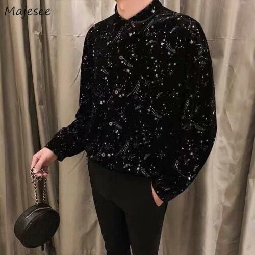 Fashion Shirts Men Oversized M-3XL Black Print Social Party Club Dance Camisa Chic Long Sleeve Outerwear Harajuku Handsome Homme
