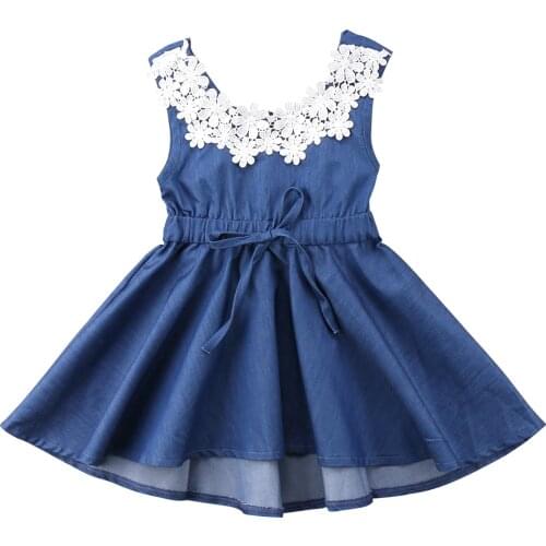Fashion Toddler Kids Baby Girls Lace Floral Denim Backless Princess Party Dress Sundress