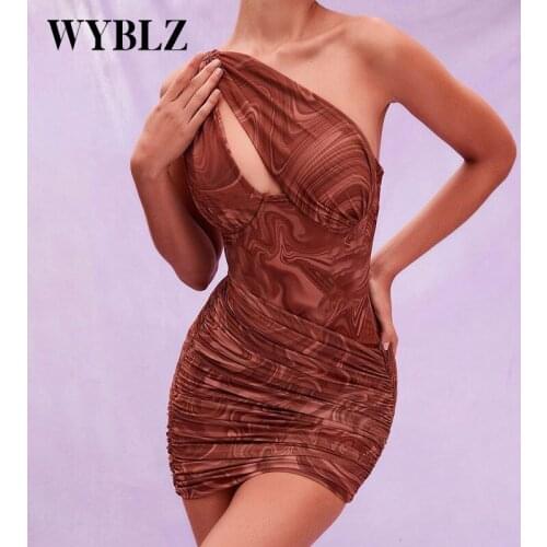 Diagonal Collar Hollow Out Print Bodycon Women Dress Strapless Sexy Backless Party Vestidos Summer Elegant Ruched Short Dresses