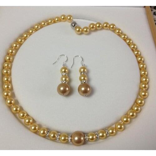 Wholesale Beautiful jewelry and accessories good 8-12mm golden Shell Pearl Necklace Earring Set 18" V050
