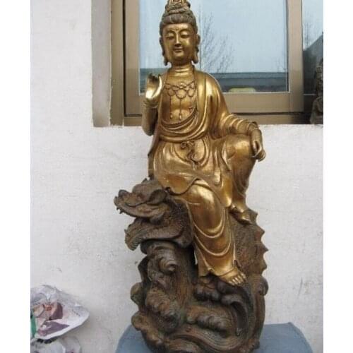Song voge gem S0601 28 Chinese Buddhism Bronze Gild Bodhisattva Kwan-Yin Ride on Fish Dragon statue