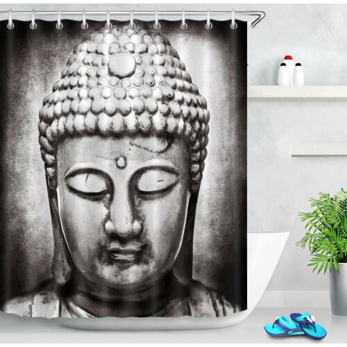 Custom Stone Buddha Head Shower Curtain Liner Waterproof Fabric Bathroom Hooks
