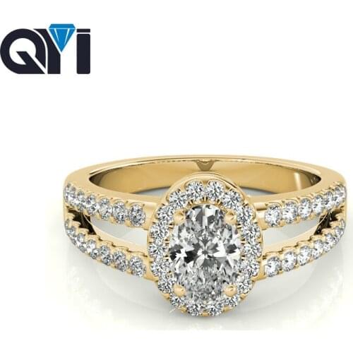QYI 14k Yellow gold Split Band Engagement Rings 3 ct Oval Cut Women Simulated diamond Wedding Halo Ring